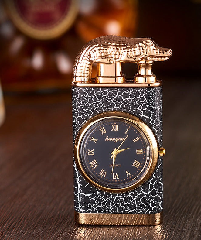 Switch Lighter With Quartz Watch Metal Punch Windproof Blue Flame Alligator Head Lighter