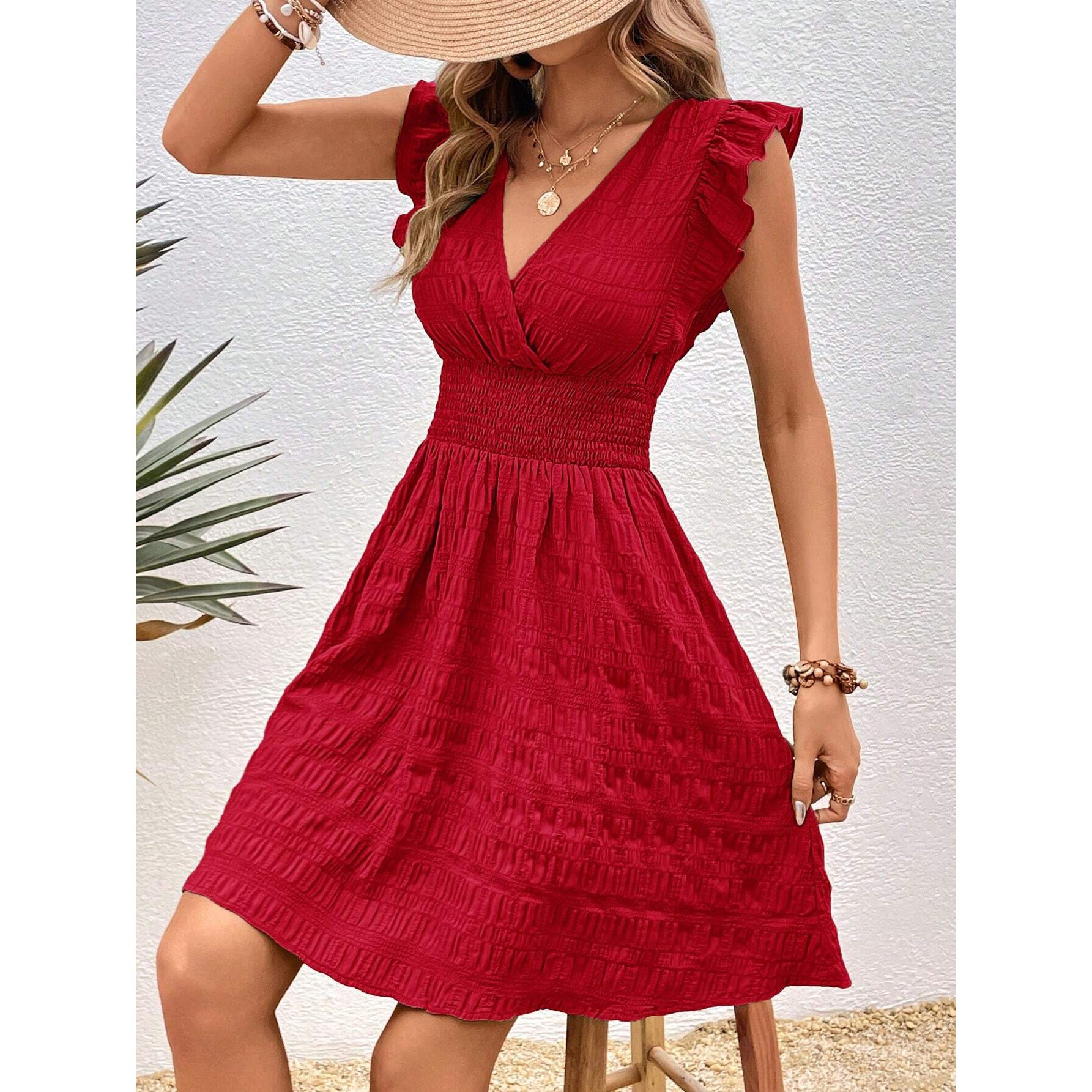 New V-neck Pleated Dress Slim-fit Slim European And American Style