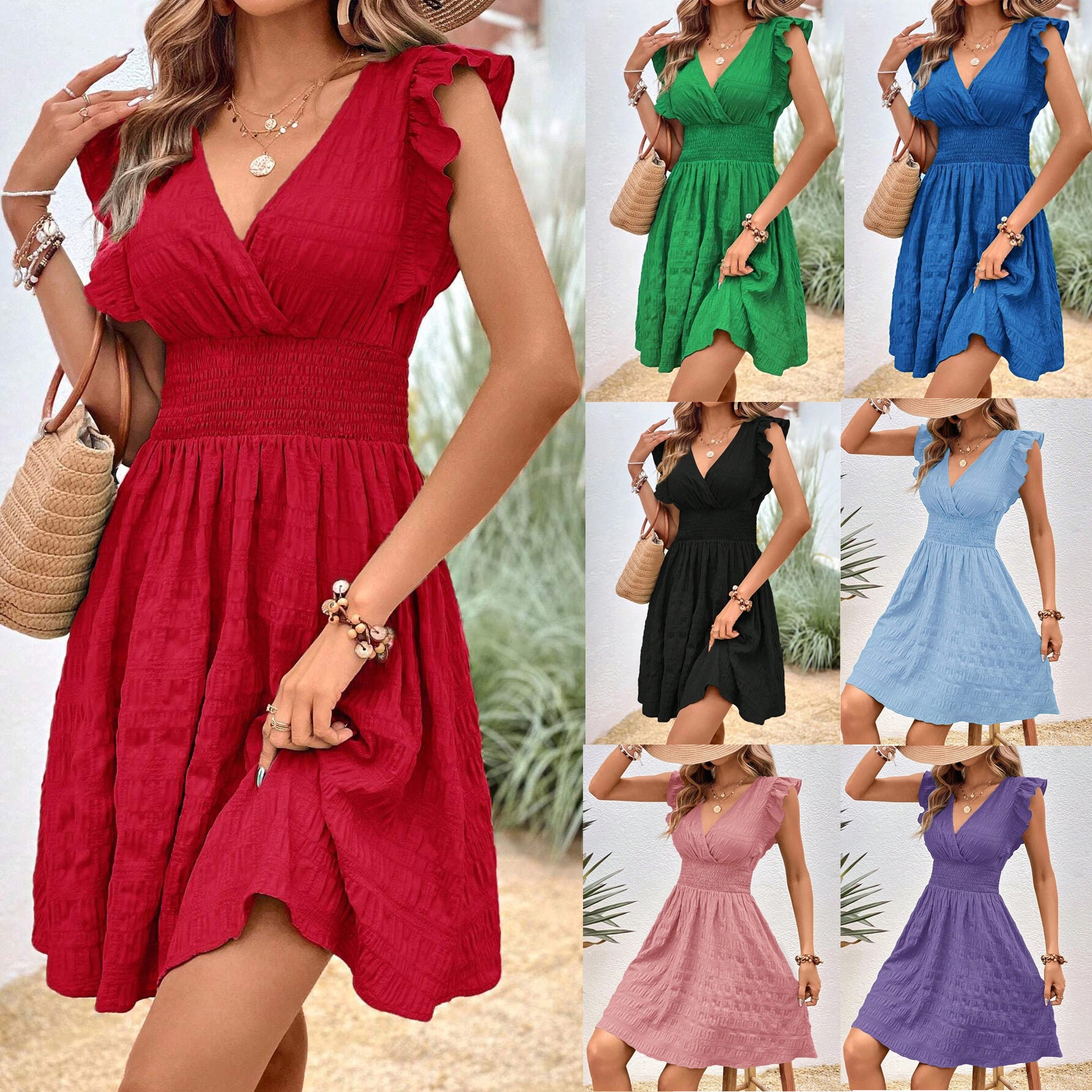 New V-neck Pleated Dress Slim-fit Slim European And American Style