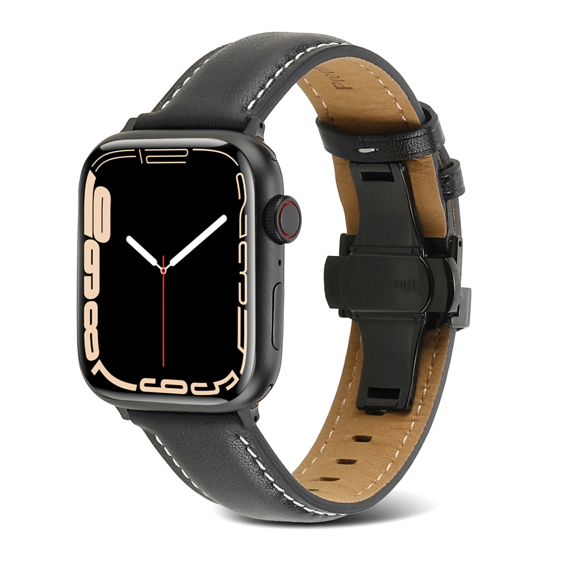 Suitable For Apple Watch Butterfly Buckle Genuine Leather Strap IWatch 6 7 Car Line Genuine Leather High-grade Butterfly Buckle Strap