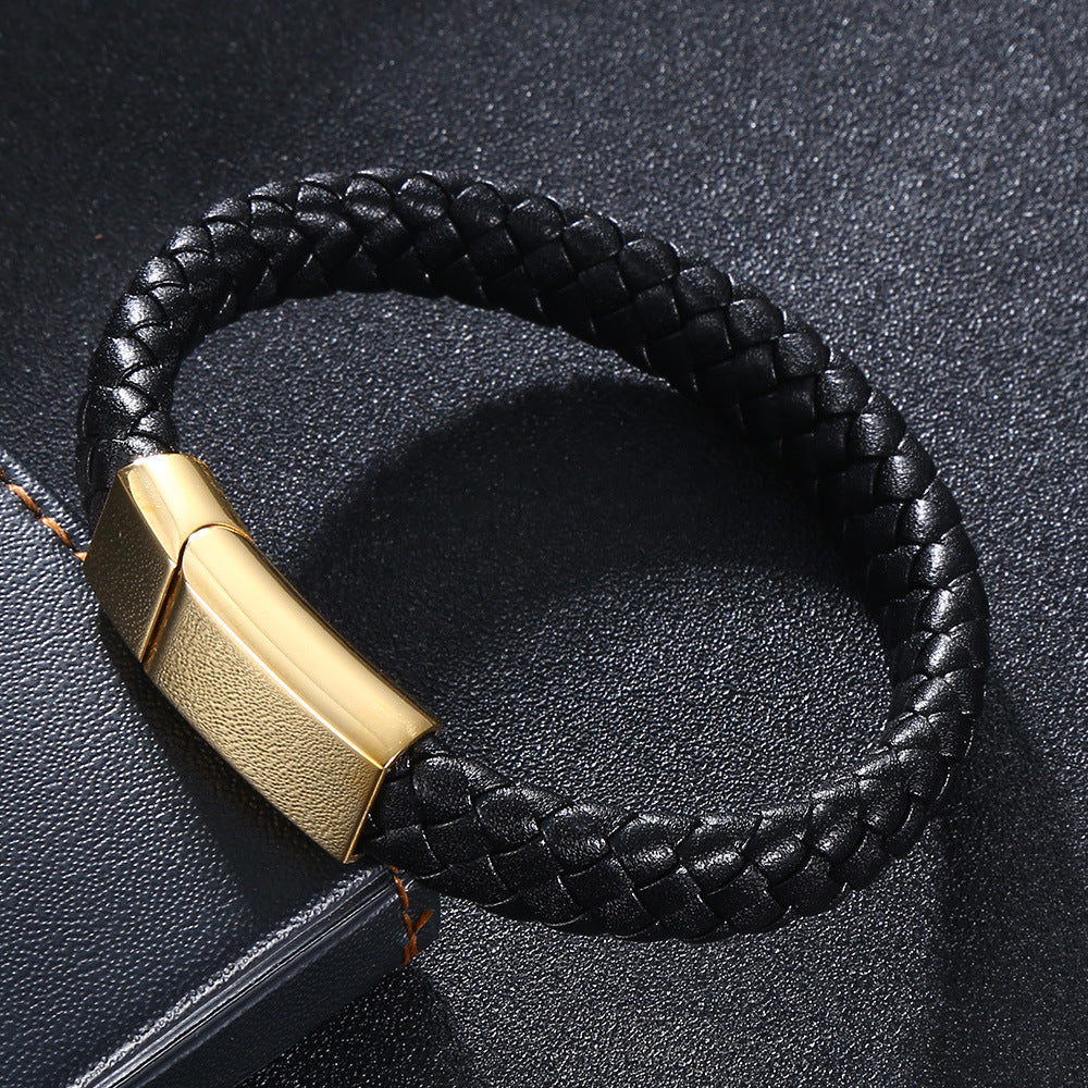 5 Color Woven Geometric Microfiber Leather Men&#039;s And Women&#039;s Stainless Steel Leather Rope Bracelet Laser Lettering