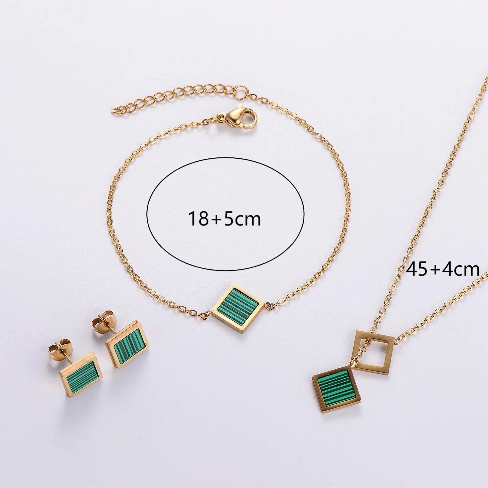 Stainless Steel Niche Temperament Lucky 18K Square Ear Studs Bracelet Necklace jewellery Umar Ahmed Emerald Green 