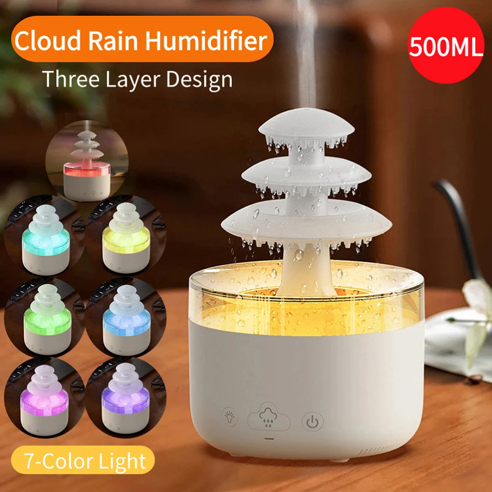 Nouveau humidificateur d'air de pluie de nuage, diffuseur d'huile essentielle d'aromathérapie, humidificateur d'air à brume muette USB avec lumière colorée