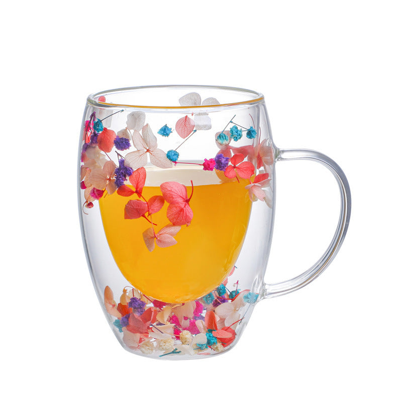 Real Flower Double Layer Glass Cup Borosilicate Simple