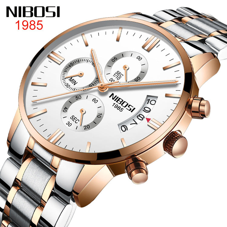 NIBOSI Butterfly Snap massief stalen band herenhorloge Waterdicht gecoat glas Lichtgevende drie ogen 6-pins quartz horloge 