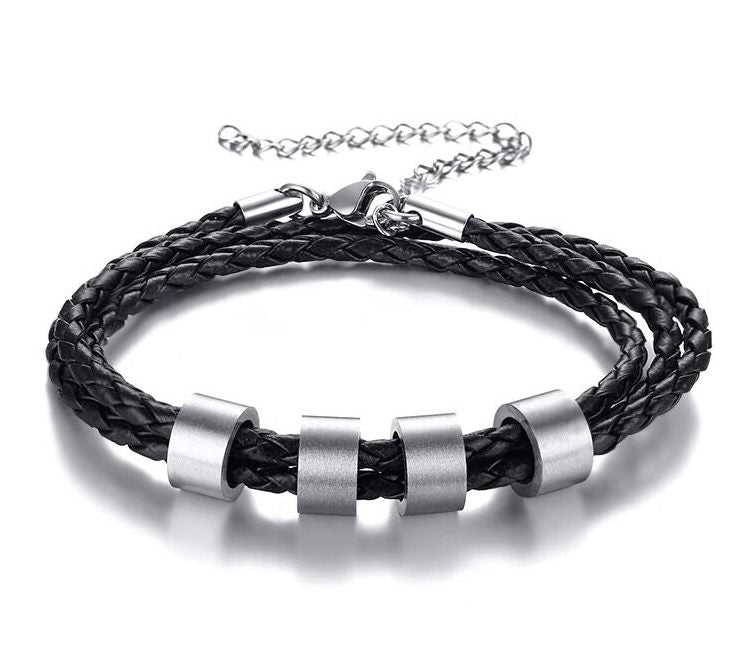 Hot Style Stainless Steel Bead Bracelet 3-layer Braided Leather Rope Personalized Bracelet Can Be Engraved For Men And Women