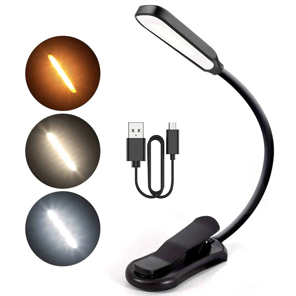 7 LED-boeklamp Oplaadbare USB-leeslamp 3-niveaus Warm Koel Wit Daglicht Draagbaar Flexibel Easy Clip Nachtleeslamp 