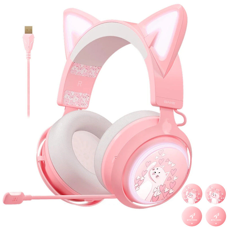 Cat Ear-koptelefoon, 2,4 GHz draadloze gaming-headset voor PS4/5, pc, Bluetooth, voor smartphone, intrekbare microfoon, RGB-verlichting, 7.1 surround sound, schattig kattenoor voor meisjes