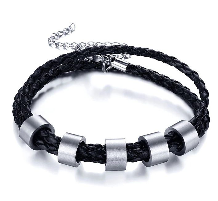 Hot Style Stainless Steel Bead Bracelet 3-layer Braided Leather Rope Personalized Bracelet Can Be Engraved For Men And Women